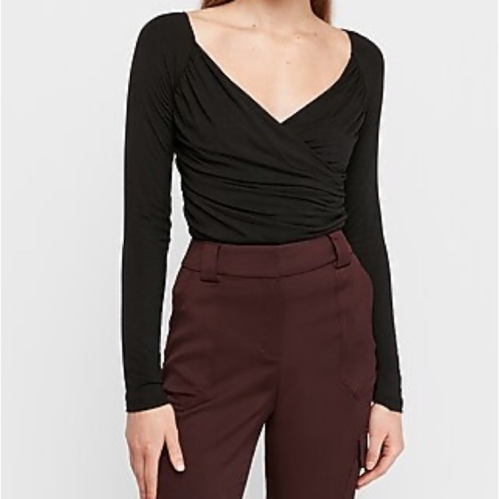 NWT Express Black Ruched Front Wrap V-Neck Long Sleeve Top Size Small